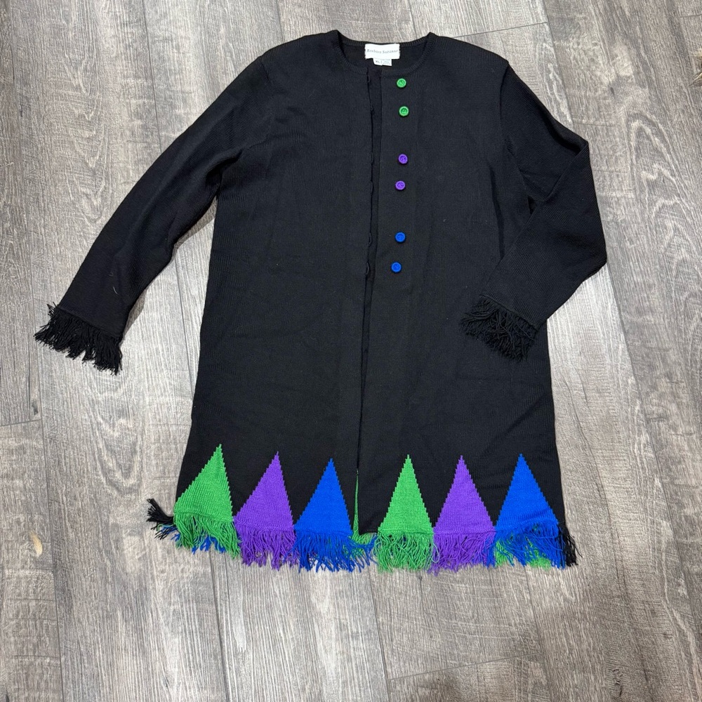 Vintage Barbara Suzanne‎ Colorful Fringe Black Cardigan
